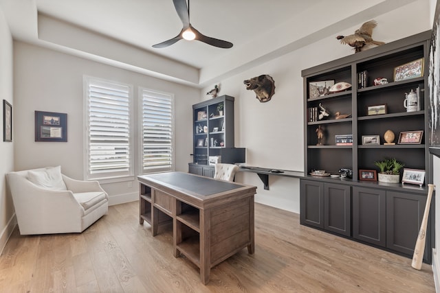 1454 Sunset Point Dr, Flower Mound, TX 75022 - office space featuring ceiling fan, light wood-style flooring, and a tray ceiling