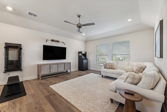 1454 Sunset Point Dr, Flower Mound, TX 75022 - living area featuring ceiling fan, wood finished floors, and recessed lighting