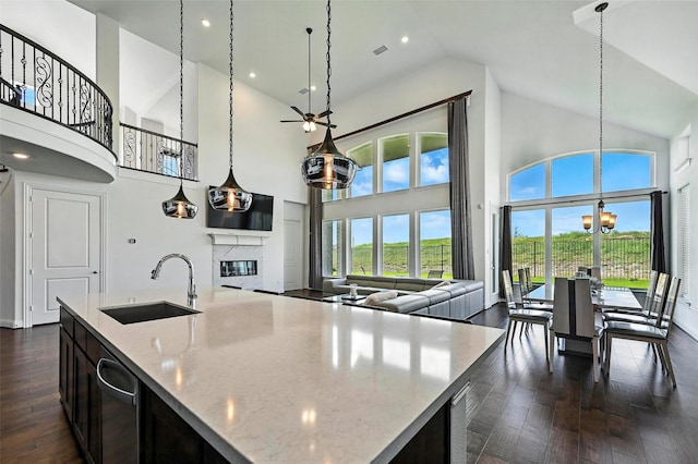1018 Cascading Creek Dr, Rockwall, TX 75087 - kitchen featuring high vaulted ceiling, open floor plan, a glass covered fireplace, dark wood-style floors, and light stone counters