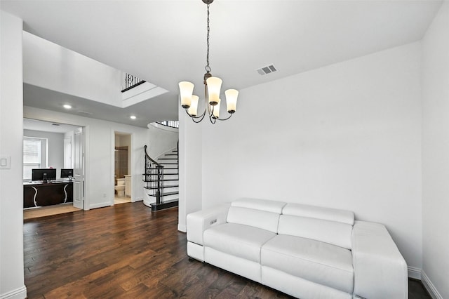 1018 Cascading Creek Dr, Rockwall, TX 75087 - living room with wood finished floors, a chandelier, stairway, recessed lighting, and an office area