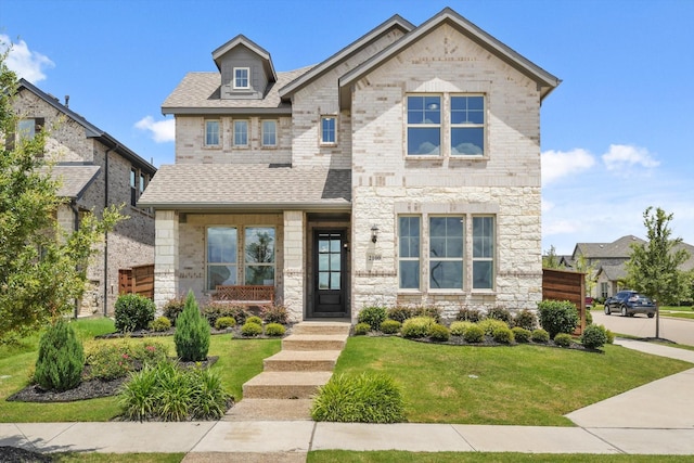 2100 Jade Forest Ln, Mesquite, TX 75181 - view of front of home with stone siding, a front yard, and roof with shingles