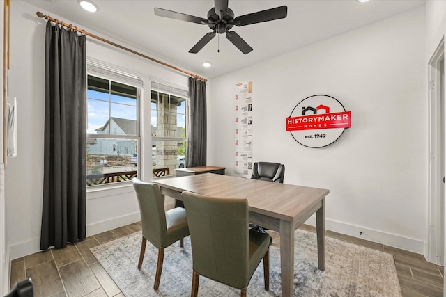2100 Jade Forest Ln, Mesquite, TX 75181 - dining space featuring recessed lighting, ceiling fan, dark wood-style floors, and a desk