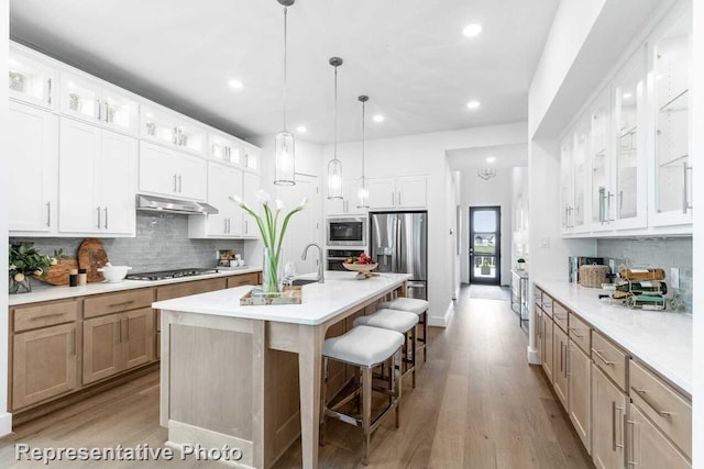 3613 Barrel Ln, Aubrey, TX 76227 - kitchen featuring stainless steel appliances, under cabinet range hood, backsplash, wood finished floors, and recessed lighting