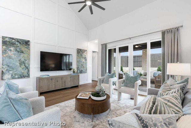 3613 Barrel Ln, Aubrey, TX 76227 - living area with wood finished floors, ceiling fan, and high vaulted ceiling