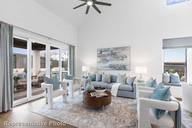 3613 Barrel Ln, Aubrey, TX 76227 - living area with a ceiling fan, high vaulted ceiling, and wood finished floors