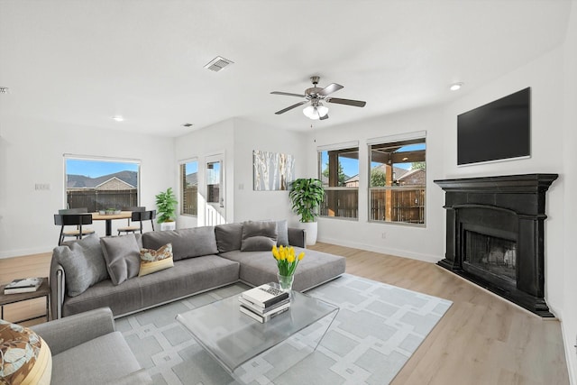 3901 Tule Ranch Rd, Fort Worth, TX 76262 - living area featuring light wood finished floors, healthy amount of natural light, a fireplace with raised hearth, a ceiling fan, and recessed lighting