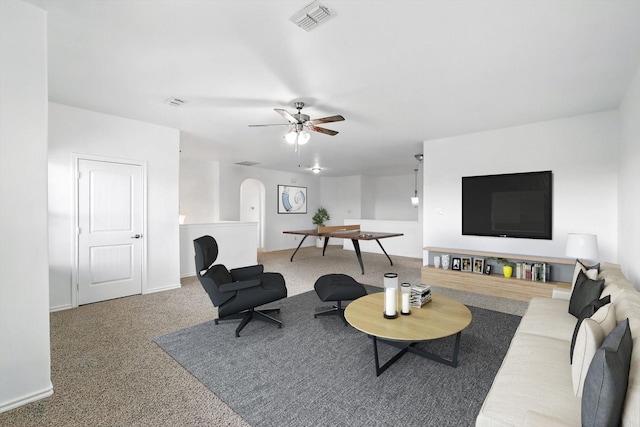 3901 Tule Ranch Rd, Fort Worth, TX 76262 - living room featuring arched walkways, carpet floors, and ceiling fan