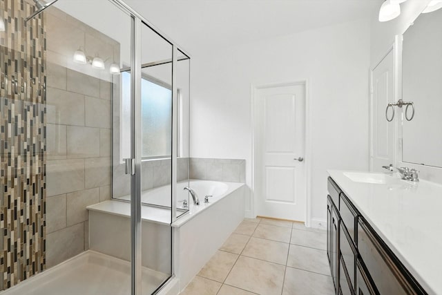 3901 Tule Ranch Rd, Fort Worth, TX 76262 - bathroom featuring a stall shower, vanity, a garden tub, and tile patterned flooring