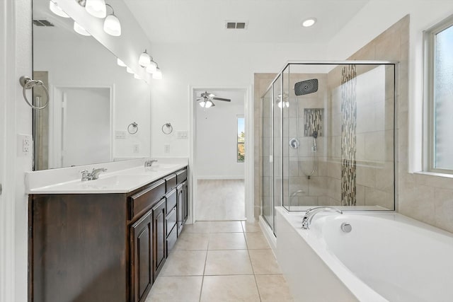 3901 Tule Ranch Rd, Fort Worth, TX 76262 - full bath with a stall shower, a bath, double vanity, tile patterned floors, and ceiling fan