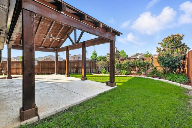 3901 Tule Ranch Rd, Fort Worth, TX 76262 - fenced backyard with a ceiling fan and a patio area