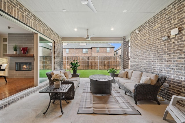 4652 Man O War Rd, Carrollton, TX 75010 - view of patio featuring an outdoor living space with a fireplace and ceiling fan