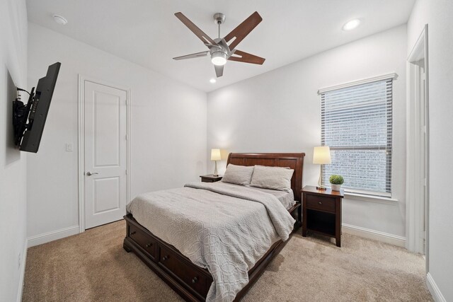 4652 Man O War Rd, Carrollton, TX 75010 - bedroom featuring light carpet, recessed lighting, and ceiling fan