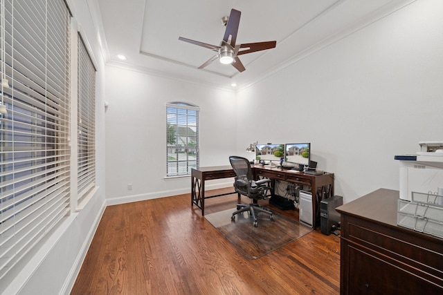 4652 Man O War Rd, Carrollton, TX 75010 - office space featuring wood finished floors, ornamental molding, ceiling fan, and recessed lighting