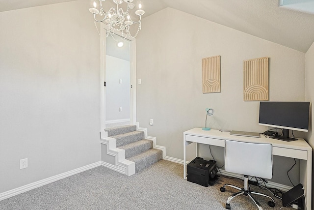 7910 Stone Ridge Dr, Northlake, TX 76247 - home office with lofted ceiling, a chandelier, and carpet floors