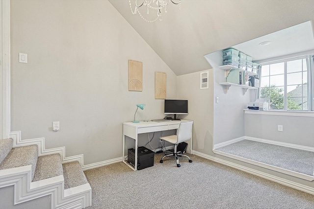 7910 Stone Ridge Dr, Northlake, TX 76247 - home office with carpet flooring, lofted ceiling, and a chandelier