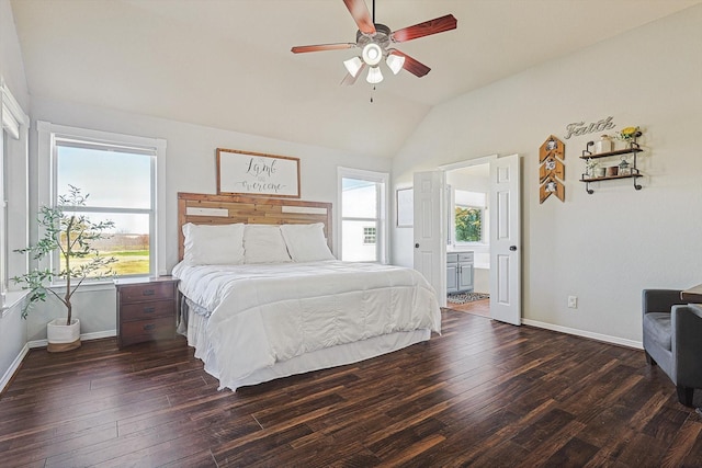 7910 Stone Ridge Dr, Northlake, TX 76247 - bedroom featuring lofted ceiling, hardwood / wood-style floors, ensuite bathroom, and ceiling fan