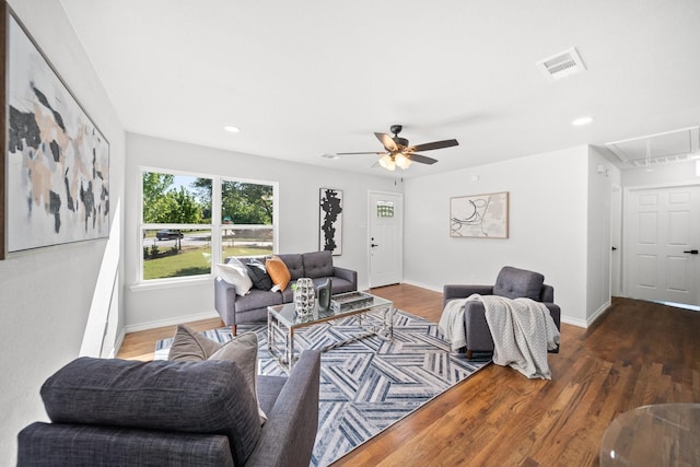 407 Bradley St, Dallas, TX 75224 - living room featuring attic access, wood finished floors, a ceiling fan, and recessed lighting