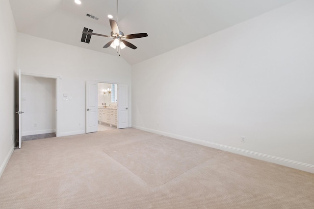 16317 Bidwell Park Dr, Prosper, TX 75078 - unfurnished bedroom featuring lofted ceiling, light colored carpet, ensuite bathroom, and a ceiling fan