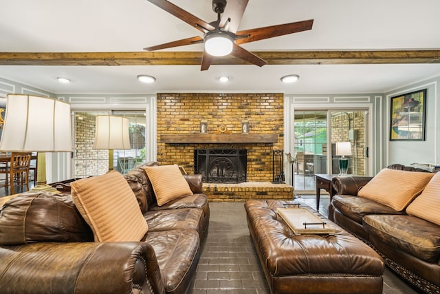 1509 Bar Harbor Dr, Dallas, TX 75232 - living area featuring beamed ceiling, ceiling fan, and a brick fireplace