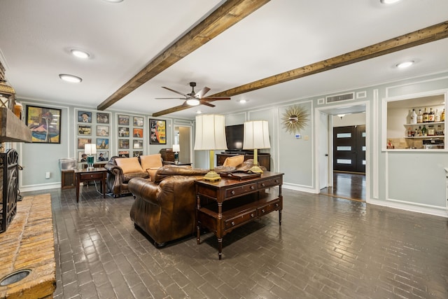 1509 Bar Harbor Dr, Dallas, TX 75232 - living room with beam ceiling, brick patterned floors, a ceiling fan, and recessed lighting