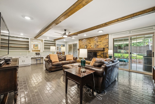 1509 Bar Harbor Dr, Dallas, TX 75232 - living area with a ceiling fan, brick floors, beamed ceiling, a brick fireplace, and recessed lighting