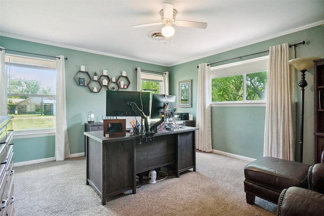 201 N Frederick St, Ponder, TX 76259 - carpeted office space featuring a ceiling fan and ornamental molding
