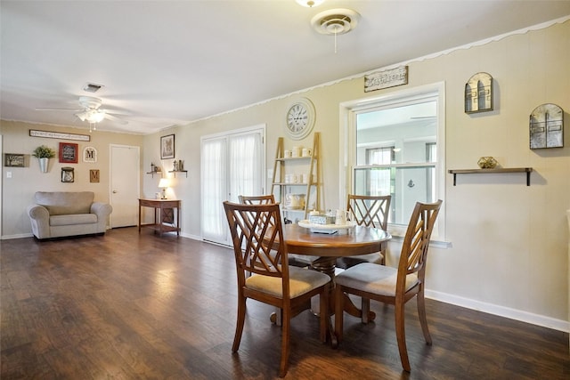201 N Frederick St, Ponder, TX 76259 - dining space with wood finished floors, plenty of natural light, ceiling fan, and ornamental molding