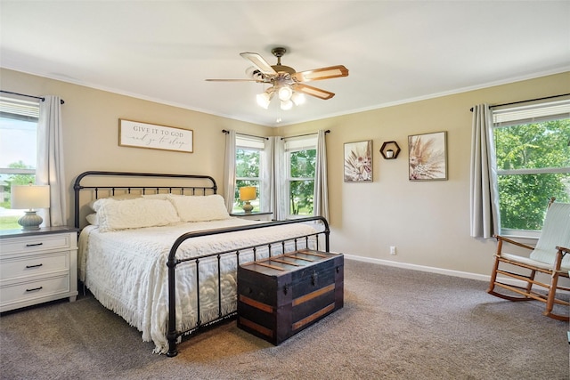 201 N Frederick St, Ponder, TX 76259 - bedroom featuring carpet floors, ornamental molding, and a ceiling fan