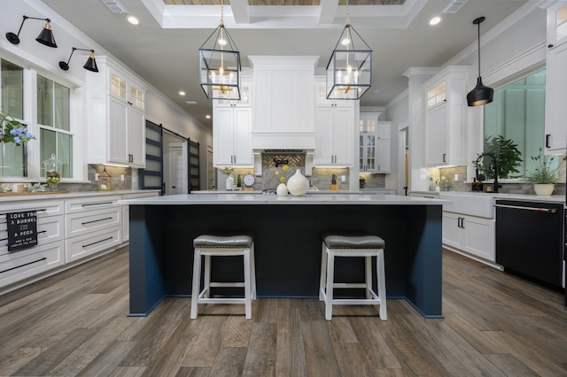 14631 Reserve Ct, Tyler, TX 75707 - kitchen featuring black dishwasher, tasteful backsplash, white cabinets, recessed lighting, and crown molding