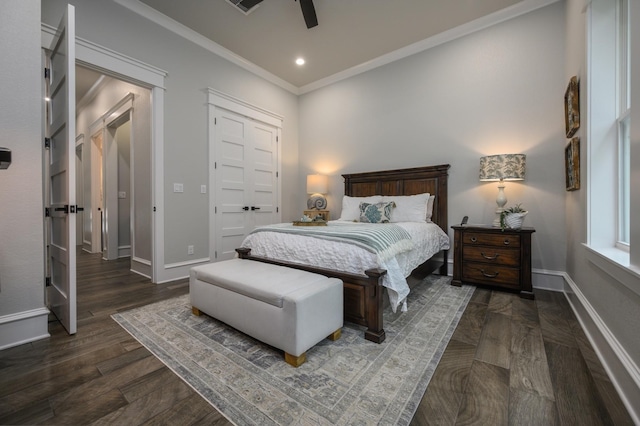 14631 Reserve Ct, Tyler, TX 75707 - bedroom with crown molding, wood finished floors, a ceiling fan, and recessed lighting