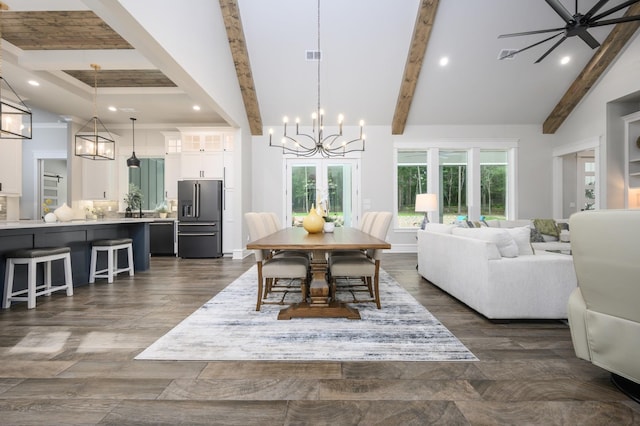 14631 Reserve Ct, Tyler, TX 75707 - dining room featuring a chandelier, recessed lighting, beamed ceiling, and dark wood-style flooring