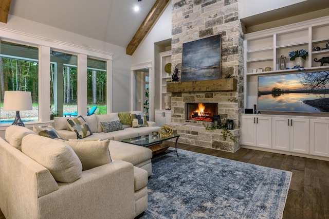 14631 Reserve Ct, Tyler, TX 75707 - living area featuring dark wood-style flooring, a fireplace, beamed ceiling, high vaulted ceiling, and built in shelves