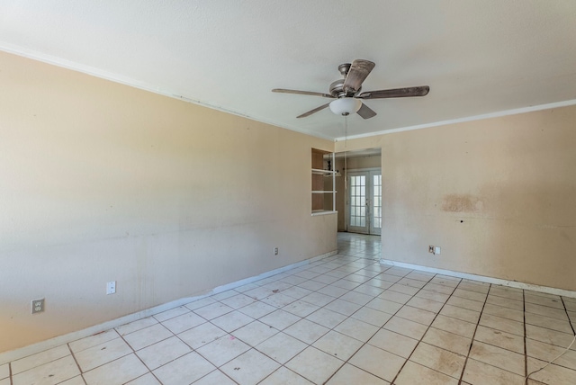 4608 Sandra Lynn Dr, Mesquite, TX 75150 - spare room featuring french doors, ceiling fan, crown molding, and light tile patterned floors
