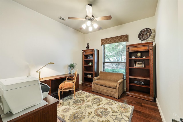 1682 Morris Ln, Frisco, TX 75034 - office area featuring ceiling fan and dark wood-type flooring