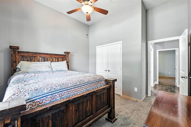 1312 Castlegar Ln, Fort Worth, TX 76247 - bedroom featuring high vaulted ceiling, carpet flooring, a closet, and a ceiling fan