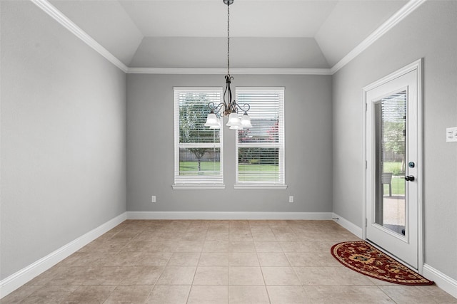 732 Windhill, Hewitt, TX 76643 - unfurnished dining area with healthy amount of natural light, a chandelier, lofted ceiling, light tile patterned floors, and ornamental molding