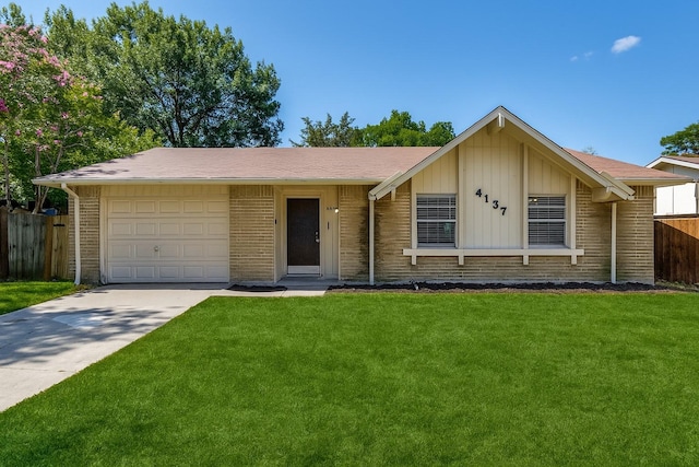 4137 Salem Dr, Garland, TX 75043 - ranch-style house featuring a garage, brick siding, concrete driveway, and board and batten siding