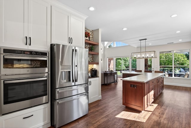1709 Blair Ct, Carrollton, TX 75010 - kitchen featuring appliances with stainless steel finishes, plenty of natural light, open shelves, dark wood-style floors, and recessed lighting