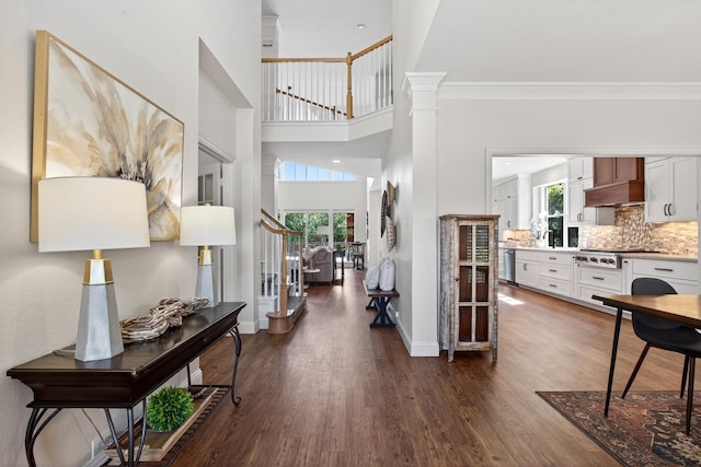 1709 Blair Ct, Carrollton, TX 75010 - entrance foyer with healthy amount of natural light, a high ceiling, dark wood-style flooring, stairway, and ornamental molding