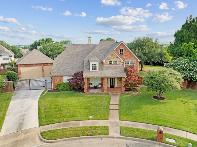 1709 Blair Ct, Carrollton, TX 75010 - view of front facade featuring a gate, brick siding, covered porch, a garage, and roof with shingles