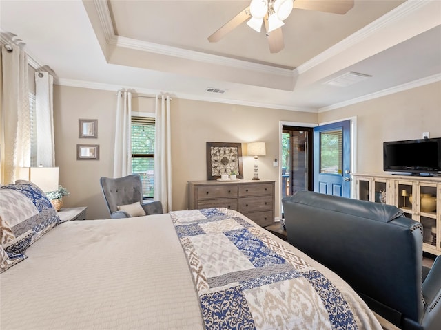 153 Bridlepath Dr, Pottsboro, TX 75076 - bedroom with a raised ceiling, access to outside, crown molding, and a ceiling fan
