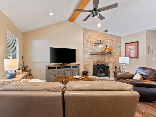 153 Bridlepath Dr, Pottsboro, TX 75076 - living room with wood finished floors, ceiling fan, and a fireplace