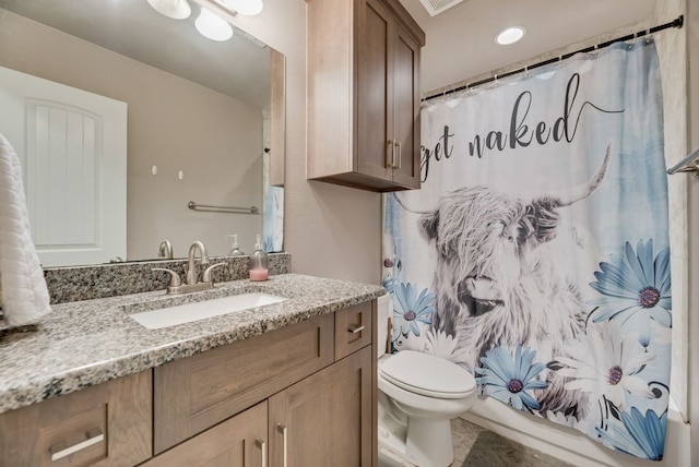 421 W Holford St, Pilot Point, TX 76258 - bathroom featuring vanity, a shower with curtain, and recessed lighting