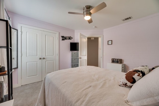 421 W Holford St, Pilot Point, TX 76258 - carpeted bedroom with a closet, crown molding, and a ceiling fan