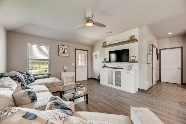 421 W Holford St, Pilot Point, TX 76258 - living room featuring a ceiling fan, vaulted ceiling, light wood-style floors, and recessed lighting