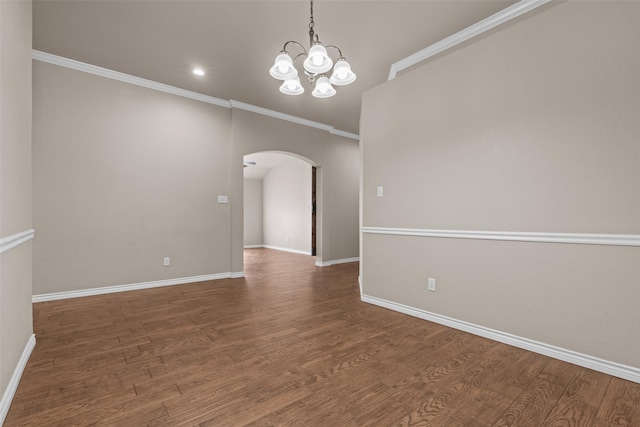 842 Randall Rd, Weatherford, TX 76087 - spare room featuring arched walkways, wood finished floors, ornamental molding, a chandelier, and recessed lighting