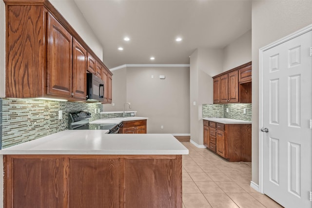 842 Randall Rd, Weatherford, TX 76087 - kitchen with black appliances, a peninsula, backsplash, light countertops, and light tile patterned floors