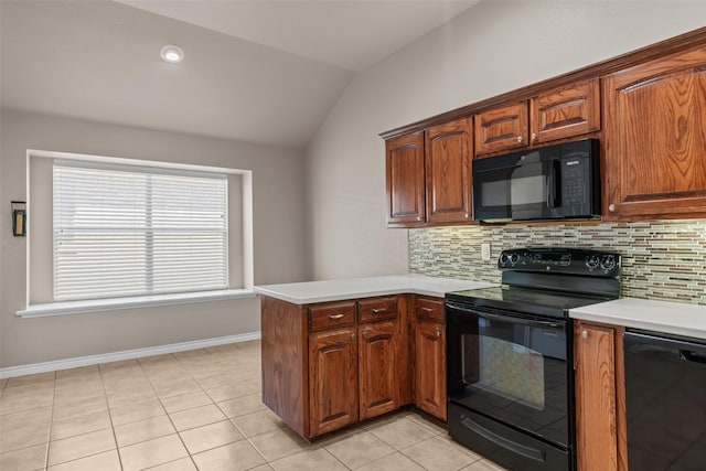 842 Randall Rd, Weatherford, TX 76087 - kitchen featuring black appliances, lofted ceiling, decorative backsplash, a peninsula, and light countertops