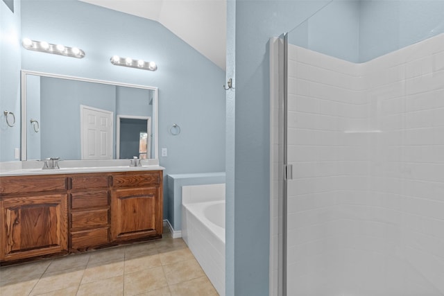 842 Randall Rd, Weatherford, TX 76087 - full bathroom featuring a shower stall, a garden tub, double vanity, tile patterned floors, and vaulted ceiling