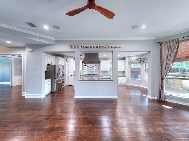 4348 Rice Ln, Carrollton, TX 75010 - unfurnished living room featuring crown molding, ceiling fan, dark wood-style floors, and recessed lighting